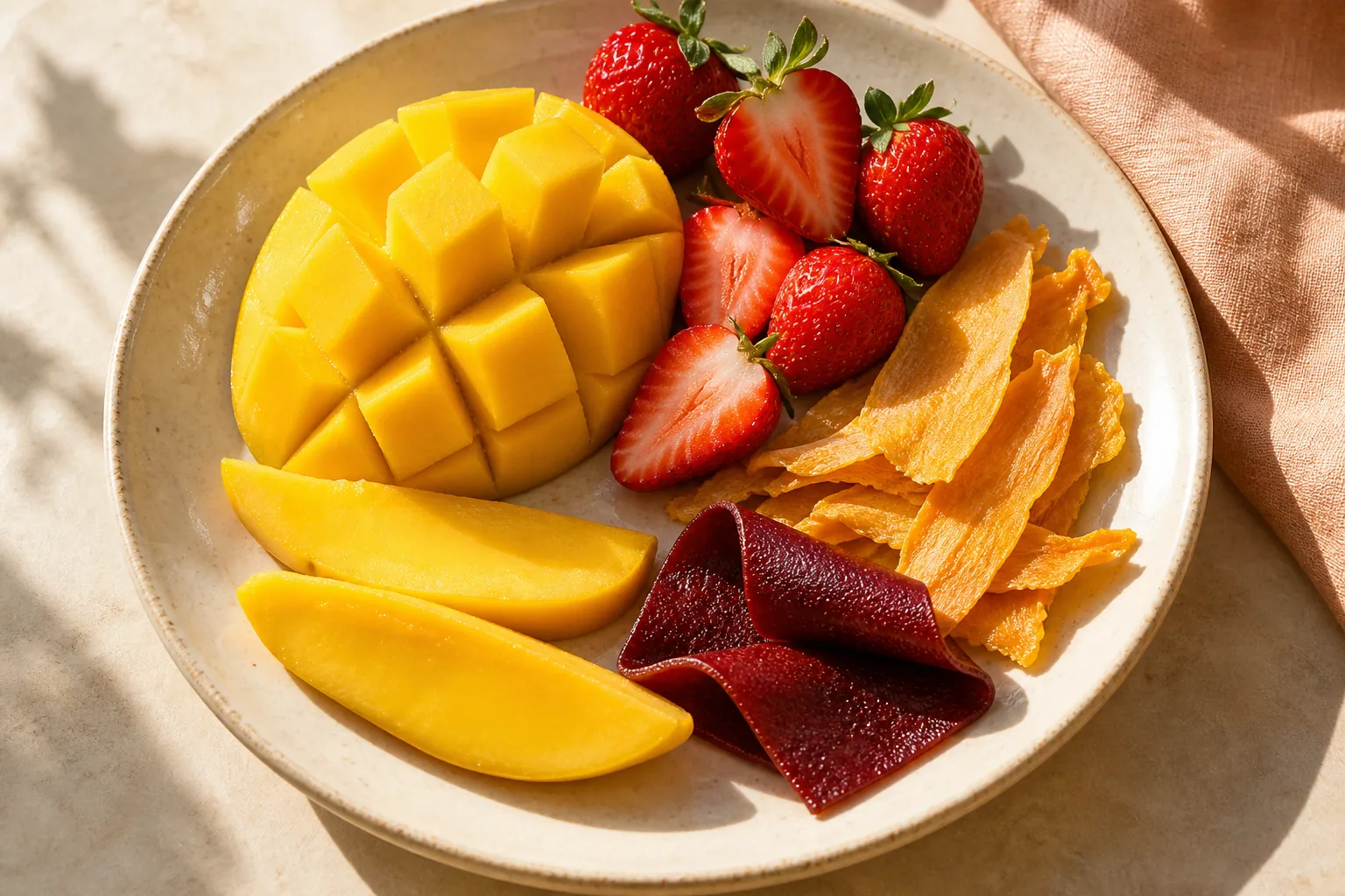 Concepto de la categoría de fruta: mango, fresas, fruta deshidratada y una tira de fruta.