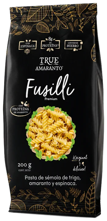 True Amaranto Fusilli Premium con amaranto y espinaca, 200 g