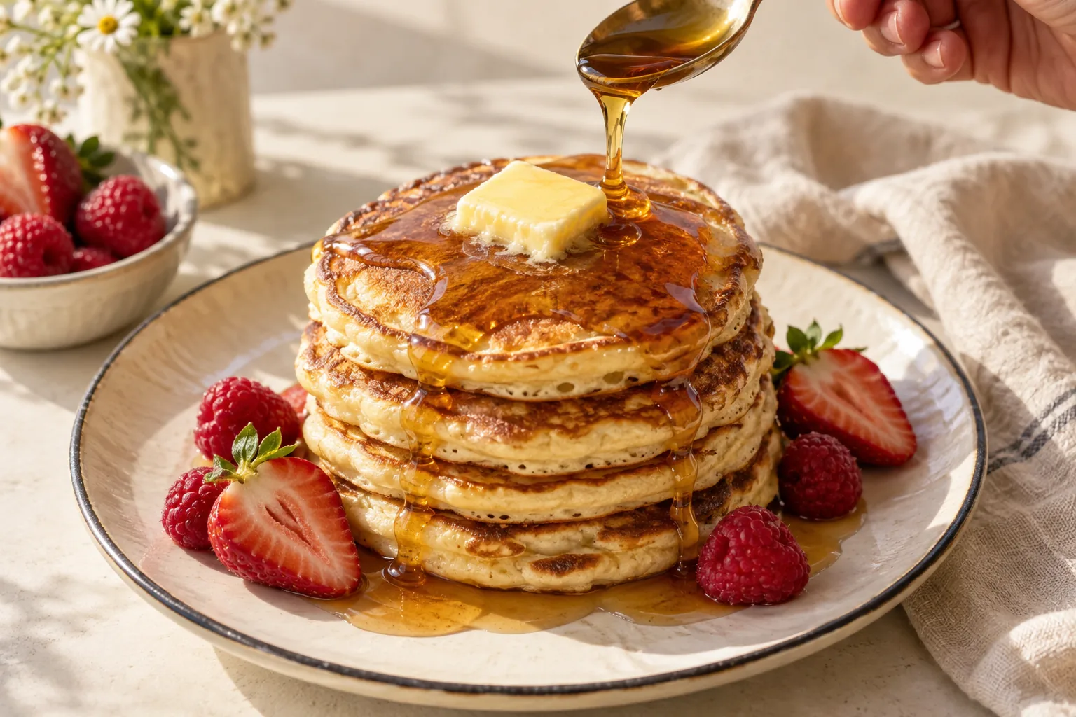 Concepto de servido: hot cakes dorados con frutos rojos y un hilo de jarabe.