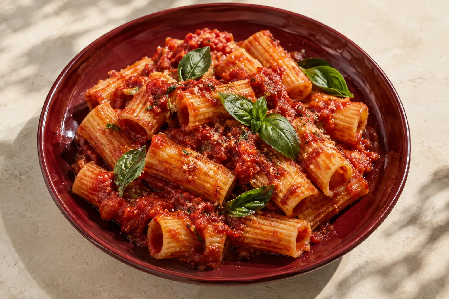 Idea de presentación: rigatoni con salsa de jitomate y albahaca.